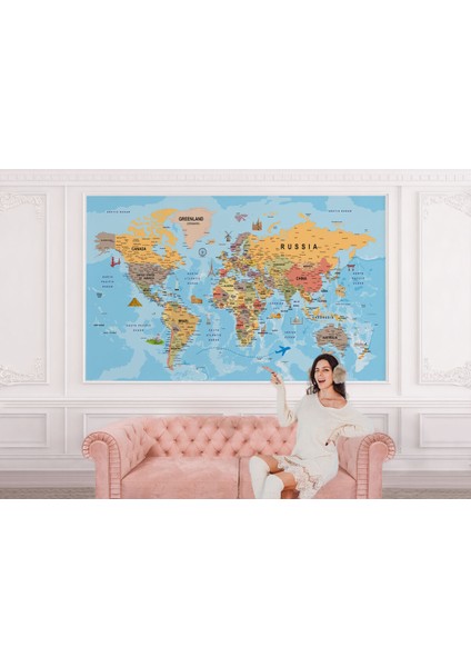 Ingilizce Dünya Haritası Duvar Kağıdı Ülke Sembollü ve DETAYLI-2019