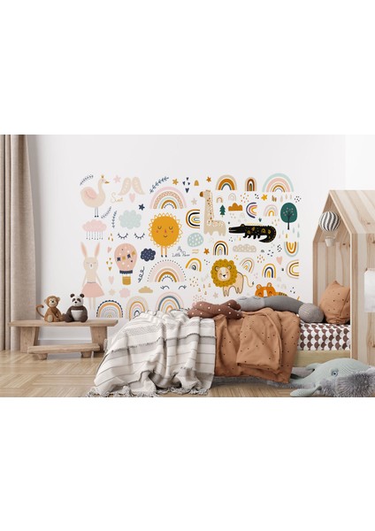 Nw Özel Sevimli Hayvanlar Desenli Duvar Kağıdı Kreş Okul POSTERI-5532