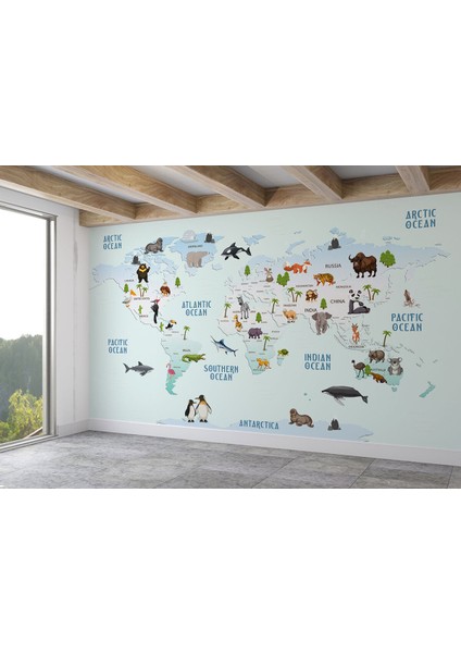 Dünya Haritası Çocuk ve Bebek Odası hayvanlar Alemi Duvar KAĞIDI-3796 fiyatları