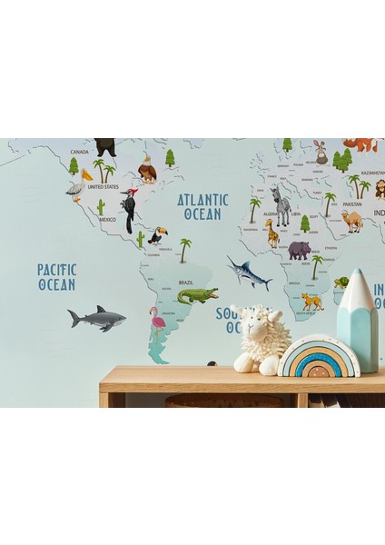 Dünya Haritası Çocuk ve Bebek Odası hayvanlar Alemi Duvar KAĞIDI-3796 modelleri