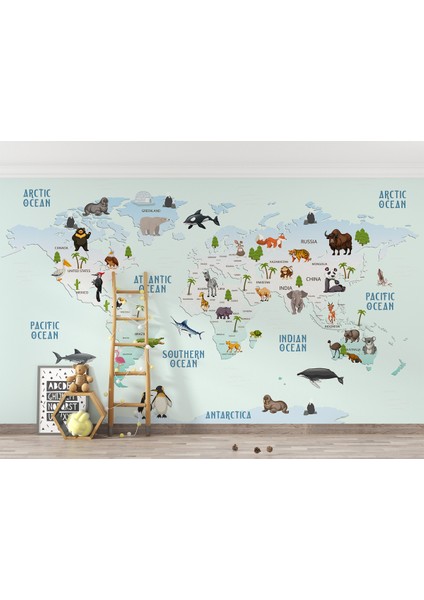 Dünya Haritası Çocuk ve Bebek Odası hayvanlar Alemi Duvar KAĞIDI-3796 fırsatları