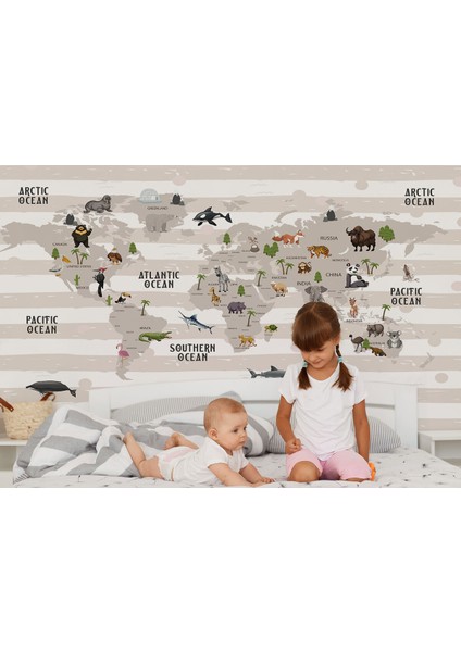 Mdm 001SERI Dünya Haritası Çocuk ve Bebek Odası hayvanlar Alemi Duvar KAĞIDI-3803 indirimleri