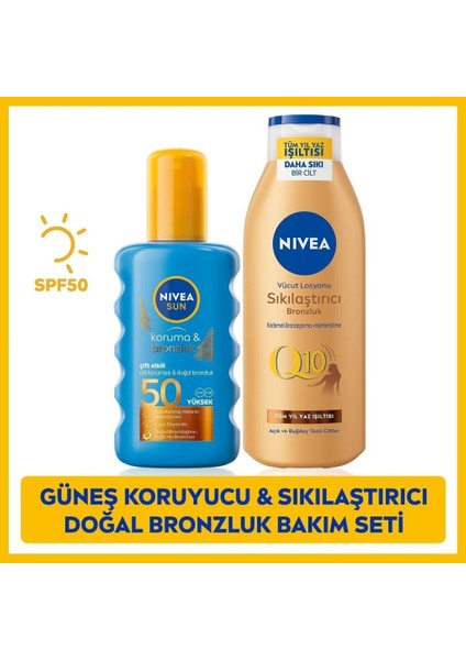 Sun SPF50 Güneş Koruyucu Bronzlaştırıcı Vücut Spreyi 200ML ve Sıkılaştırıcı Bronzluk Losyonu 250ML