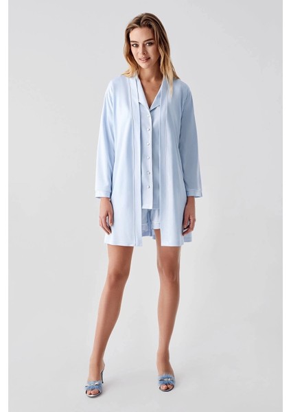 324 Mavi Sabahlıklı Şortlu 4'lü Kadın Pijama Takımı