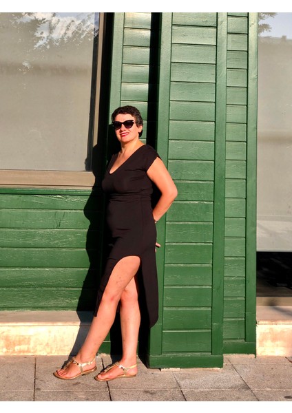 V Yaka Düşük Kol Derin Yırtmaçlı Midi Boy Elbise indirimleri