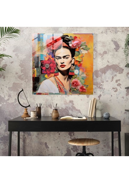 Frida Kahlo Cam Tablo - Renkli Kumaşlarla Süslenmiş Frida Kahlo Cam Duvar Sanatı modelleri