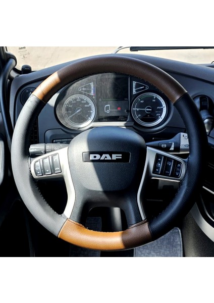 Dikişli Direksiyon Kılıfı Siyah Deri Kahverengi Deri Siyah Dikişli Daf Xf Için (2017-2022)