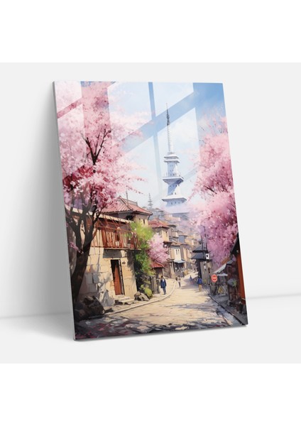 Galata Kulesi Cam Tablo Sanatı - Ev Dekorasyonu Kiraz Çiçekleri Gerçekçi Sanat Eseri