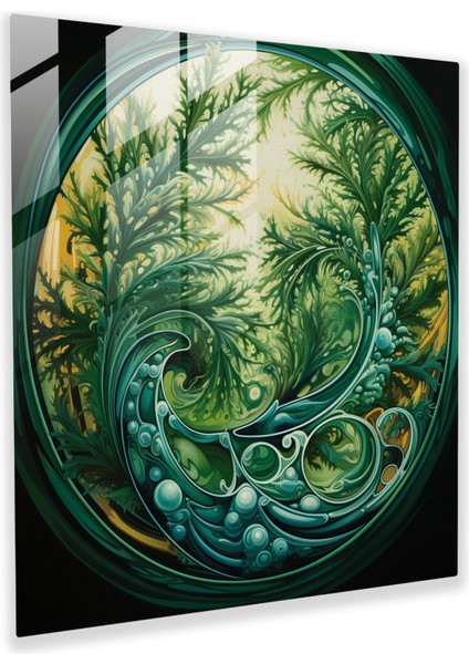 Uyumlu Yeşil Çam Cam Tablo - Sarılan Dallar Duvar Sanatı - Yeşil Çam Duvar Dekorasyonu Uyumlu Sanat