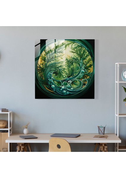 Uyumlu Yeşil Çam Cam Tablo - Sarılan Dallar Duvar Sanatı - Yeşil Çam Duvar Dekorasyonu Uyumlu Sanat modelleri