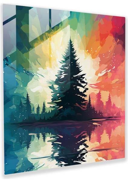 Yeşil Çam Desenli Cam Tablo - Yeşil Çam Cam Tablo Ev Dekorasyonu Siluet