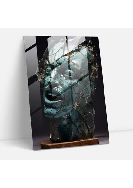 Korku Cam Tablo - Kırık Camda Bükülmüş Yüz - Korku Kırık Cam Soyut Heykel Cam Duvar Sanatı