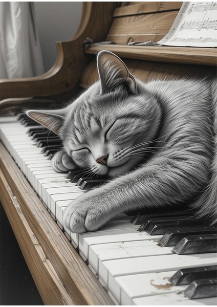 Piyano ve Kedi Ahşap Tablo