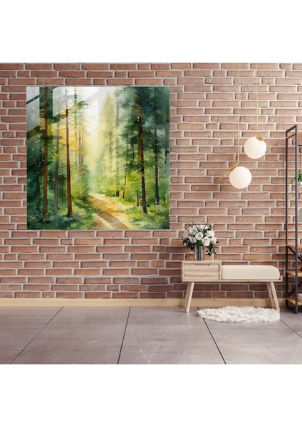 Yeşil Çam Ormanı Cam Tablosu - Yeşil Çam Ev Dekorasyonu Cam Duvar Sanatı Suluboya Orman modelleri