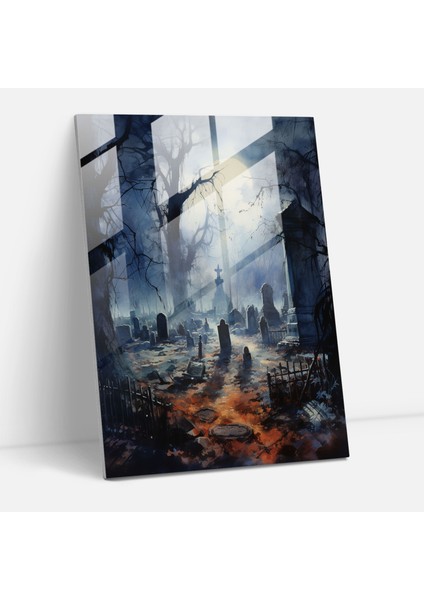 Korkutucu Cam Duvar Sanatı - Korku Mezar Taşları Cam Tablo