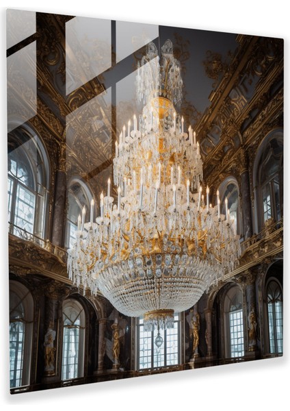 Işıltılı Cam Tablo Baskı - Işıltılı Gümüş ve Altın Avize Büyük Bir Baloda - Işıltı Ortam Duvar Dekorasyonu Gösterişli