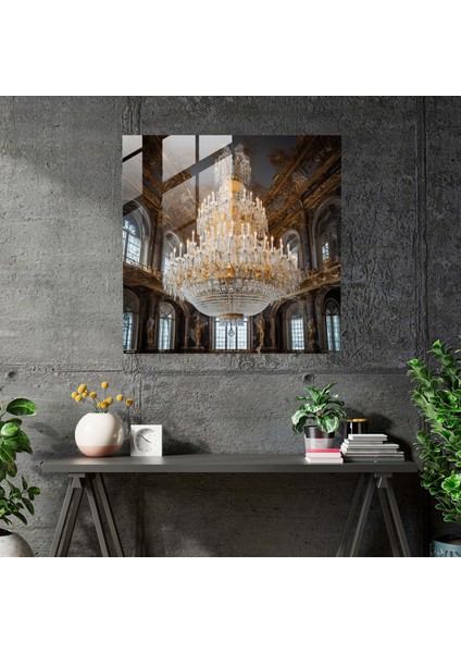 Işıltılı Cam Tablo Baskı - Işıltılı Gümüş ve Altın Avize Büyük Bir Baloda - Işıltı Ortam Duvar Dekorasyonu Gösterişli modelleri