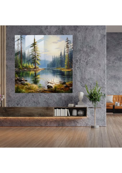 Huzurlu Çam Ormanı Cam Tablo - Yeşil Çam Cam Duvar Sanatı Yeşil Çam Izlenimci Manzara fiyatları