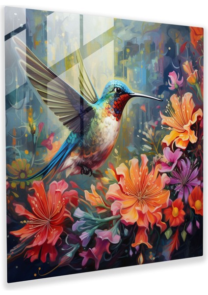 Capcanlı Güvercin Cam Tablo - Güvercin Modern Sanat Renkli Çiçekler Duvar Dekorasyonu