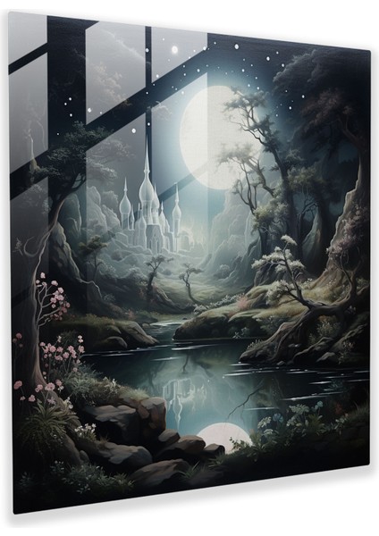 Huzurlu Ay Işığında Manzara Cam Tablo - Kutsal Kur'an Modern Sanat