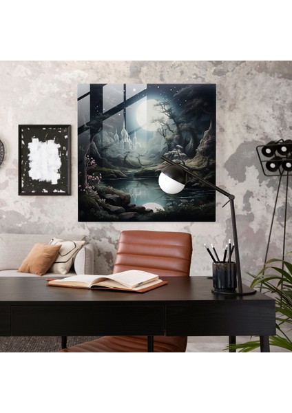 Huzurlu Ay Işığında Manzara Cam Tablo - Kutsal Kur'an Modern Sanat modelleri