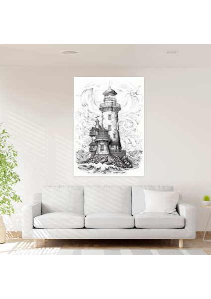 Zarif Cam Sanatı - Masalsı Deniz Feneri - Deniz Feneri Modern Sanat Kalem ve Mürekkep Çizimi Cam Tablo modelleri