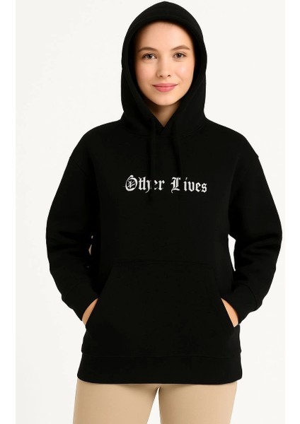 Kadın Üç Iplik Kapşonlu Ön ve Arka Baskılı Sweatshirt Hoodie- Siyah
