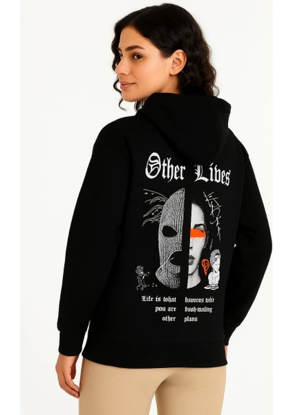 Kadın Üç Iplik Kapşonlu Ön ve Arka Baskılı Sweatshirt Hoodie- Siyah fiyatları