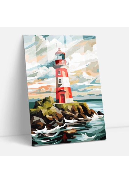 Geometrik Deniz Feneri Cam Tablo - Deniz Feneri Ev Dekorasyonu Cam Duvar Sanatı Modern Sanat