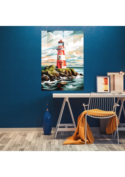 Geometrik Deniz Feneri Cam Tablo - Deniz Feneri Ev Dekorasyonu Cam Duvar Sanatı Modern Sanat fiyatları