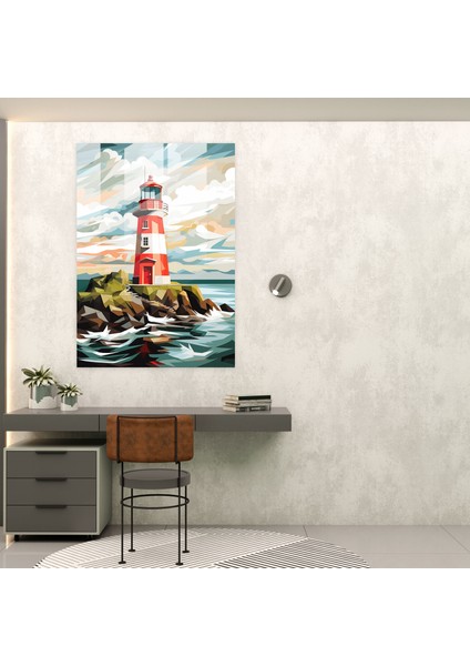 Geometrik Deniz Feneri Cam Tablo - Deniz Feneri Ev Dekorasyonu Cam Duvar Sanatı Modern Sanat modelleri