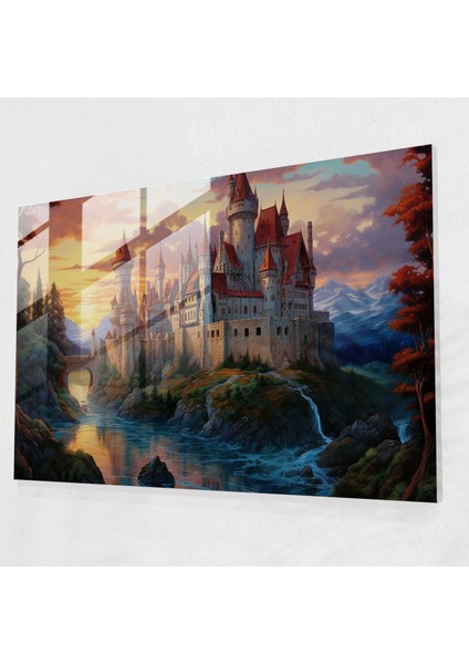 Muhteşem Kale Cam Tablo - Ortaçağ Modern Sanat Rönesans Esintili Resim Günbatımı