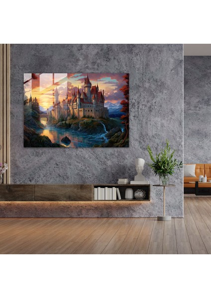 Muhteşem Kale Cam Tablo - Ortaçağ Modern Sanat Rönesans Esintili Resim Günbatımı fiyatları