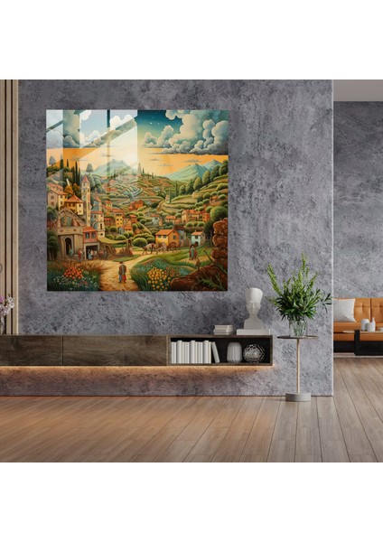 Büyüleyici Fresko Cam Tablo - Tepelerdeki Ortaçağ Köyü - Ev Dekorasyonu Cam Duvar Sanatı Modern Sanat Eseri fiyatları