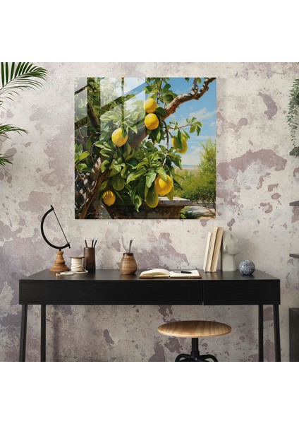 Canlı Limon Ağacı Cam Tablo - Limon Ağacı Ev Dekorasyonu Cam Sanatı Tam Çiçek Açmış fiyatları