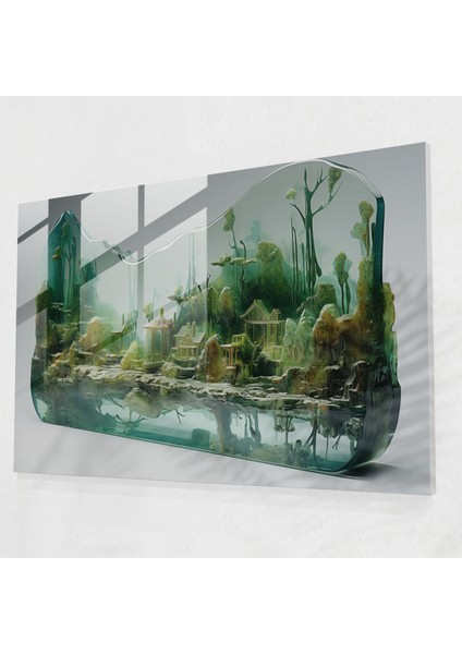 Orman Gölü Cam Tablo Sanatı - Orman Gölü Yeşil Bitkiler Cam Tablo Sanatı