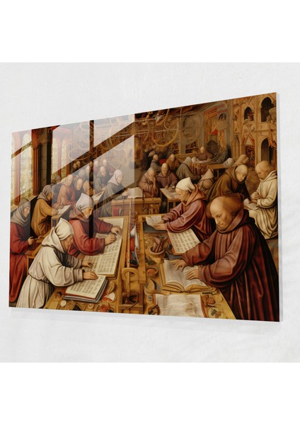 Orta Çağ Cam Tablosu - Rahip Scriptoriumu - Ortaçağ Cam Sanatı Aydınlatılmış El Yazmaları Cam Duvar Sanatı