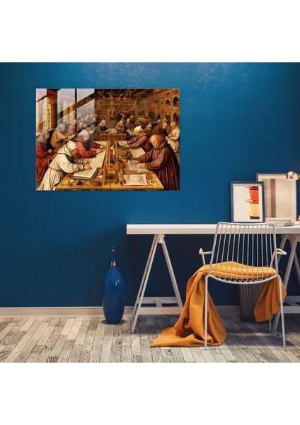 Orta Çağ Cam Tablosu - Rahip Scriptoriumu - Ortaçağ Cam Sanatı Aydınlatılmış El Yazmaları Cam Duvar Sanatı modelleri