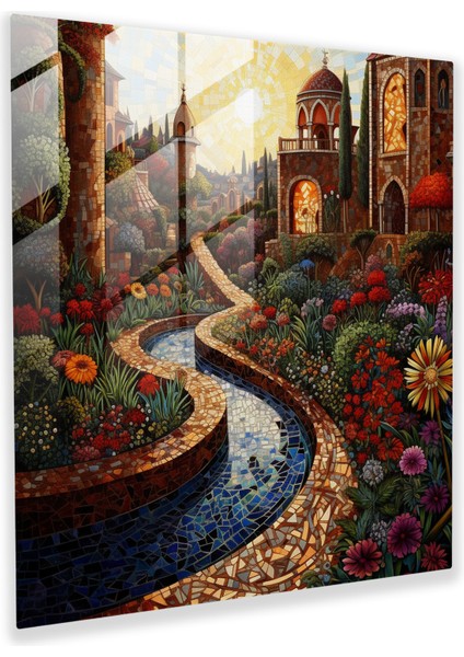 Ortaçağ Bahçesi Mozaik Cam Tablosu - Huzur Dolu Çiçek Açan Vaha - Ev Dekorasyonu Cam Duvar Sanatı Duvar Dekorasyonu Cam Sanatı