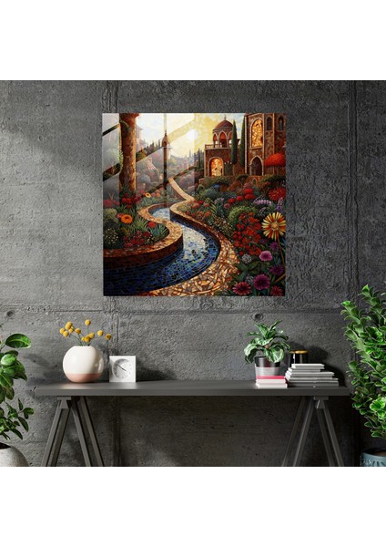 Ortaçağ Bahçesi Mozaik Cam Tablosu - Huzur Dolu Çiçek Açan Vaha - Ev Dekorasyonu Cam Duvar Sanatı Duvar Dekorasyonu Cam Sanatı fiyatları