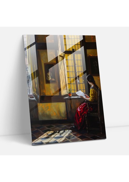 Johannes Vermeer Cam Tablo - Zarif Iç Mekan Manzarası Cam Duvar Sanatı - Johannes Vermeer Ev Dekorasyonu Modern Sanat