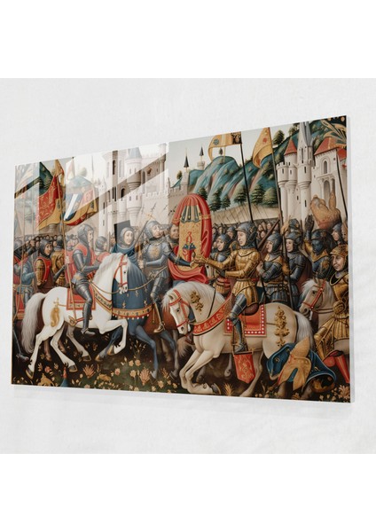 Ortaçağ'dan Ilham Alan Cam Tablo - Şövalyeler Turnuvası - Ortaçağ Cam Sanat Coşkulu Kalabalıklar Heyecan