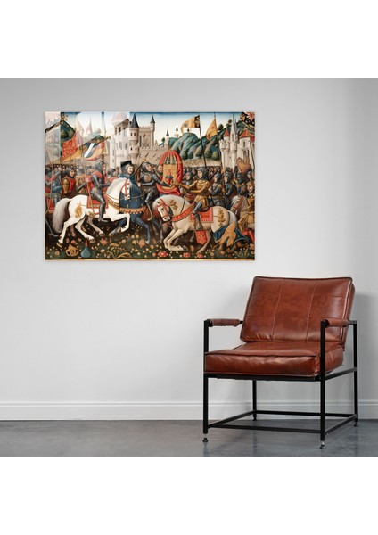 Ortaçağ'dan Ilham Alan Cam Tablo - Şövalyeler Turnuvası - Ortaçağ Cam Sanat Coşkulu Kalabalıklar Heyecan modelleri