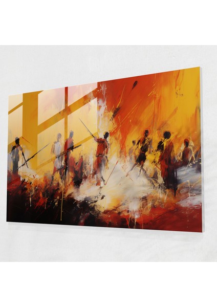 Taş Devri Cam Tablosu: Soyut Akrilik Boyama - Ev Dekorasyonu Için Taş Devri Temalı Cam Tablo