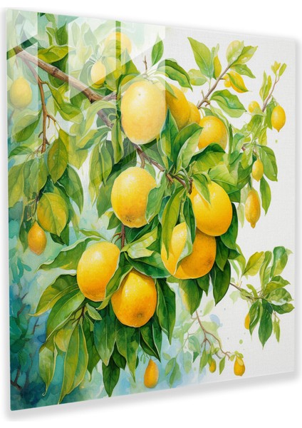 Limon Ağacı Suluboya Cam Tablo - Modern Sanat Cam Duvar Sanatı