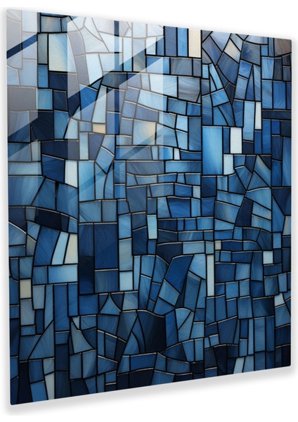 Deniz Mavisi Geometrik Mozaik Cam Tablo - Stained Glass Pencere Ev Dekorasyonu Cam Duvar Sanatı