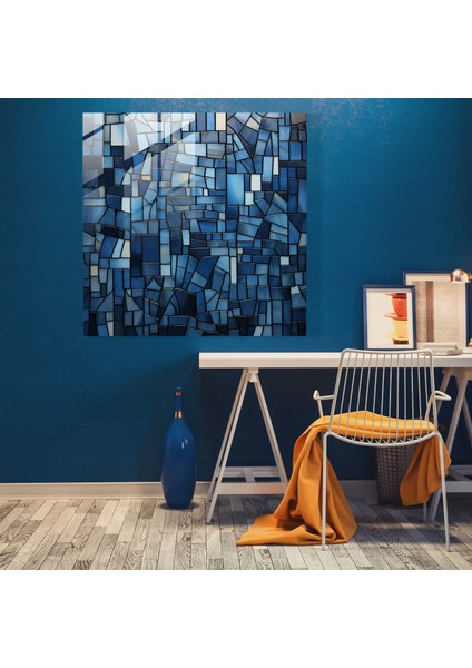 Deniz Mavisi Geometrik Mozaik Cam Tablo - Stained Glass Pencere Ev Dekorasyonu Cam Duvar Sanatı modelleri