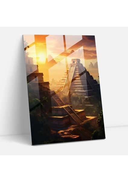 Maya Piramidi Cam Tablo - Maya Cam Duvar Sanatı Modern Sanat
