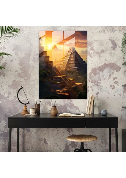Maya Piramidi Cam Tablo - Maya Cam Duvar Sanatı Modern Sanat fiyatları