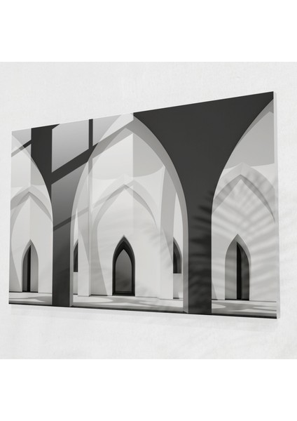 Siyah ve Beyaz Cam Tablo - Simetrik Zarafet - Cami Simetrik Zarafet Minimalist Tasarım Mimarlık Çizgileri